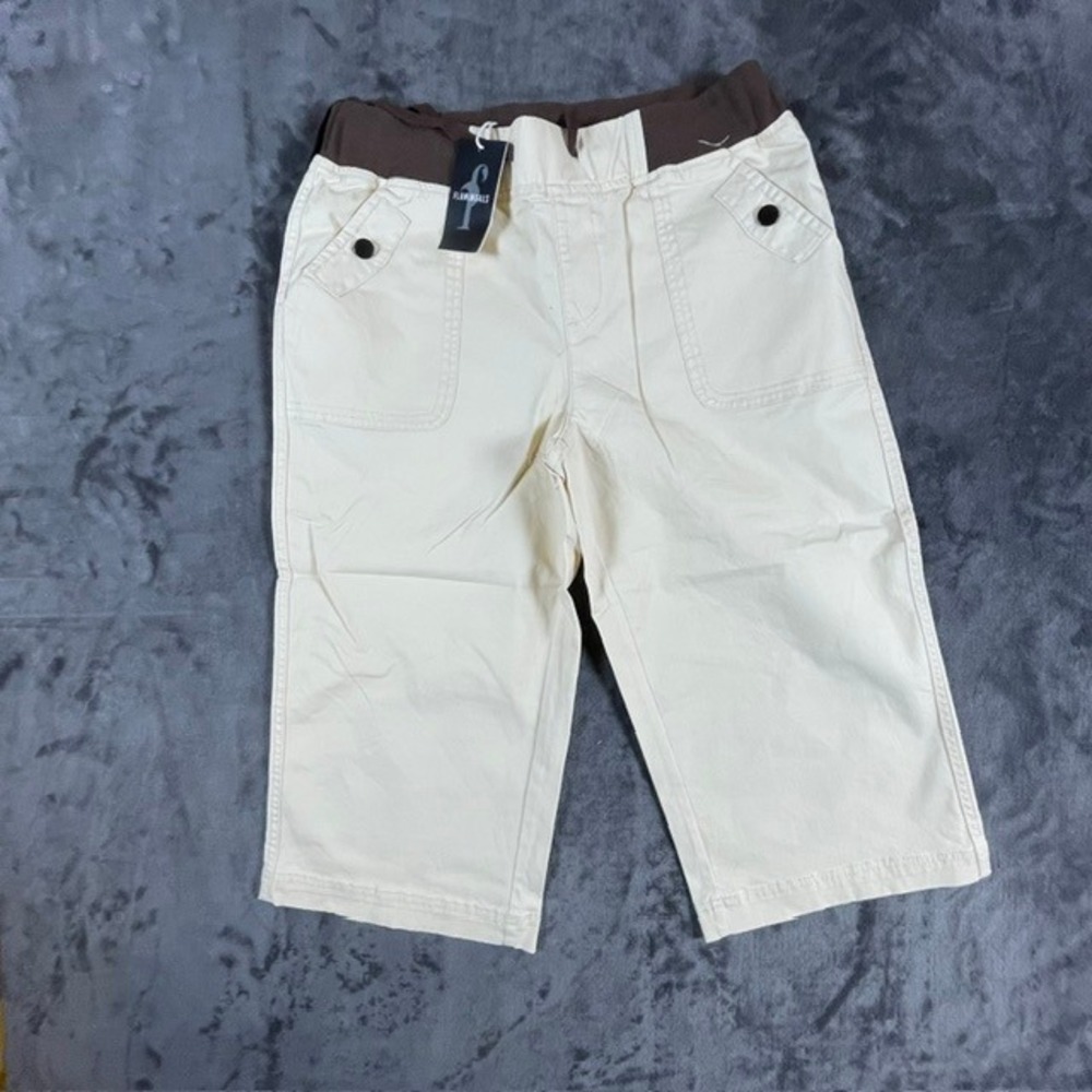 Flamingals Women Cream Utility Crop Pants Brown Elastic Waist Size L NEW